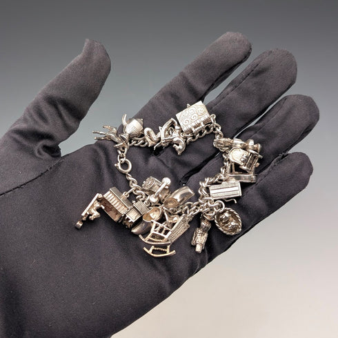 British vintage sterling silver charm bracelet 48g